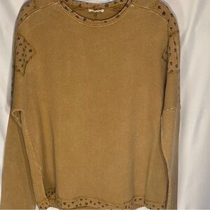 Easel Mustard Yellow Waffle Knit Thermal Top with Floral Contrast Trim Medium